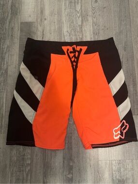 Fox Men’s Orange and Black Swim Board Shorts with White Stripes